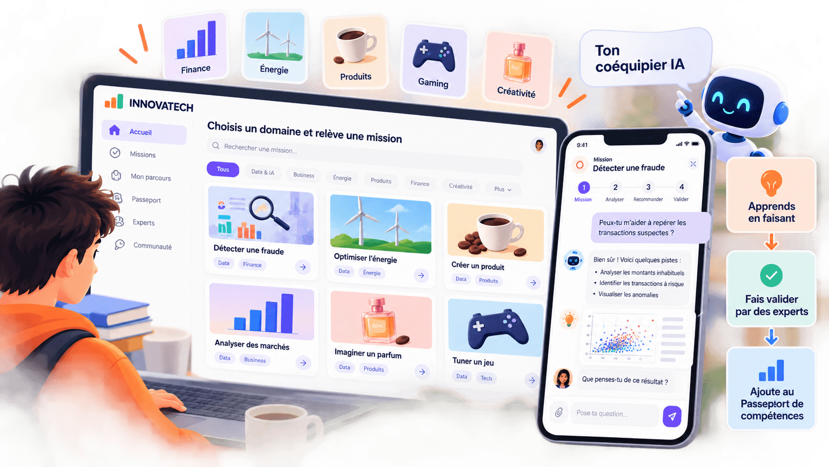 INNOVATECH learning experience: explore data and AI missions, work with an AI teammate, and build a Skill Passport